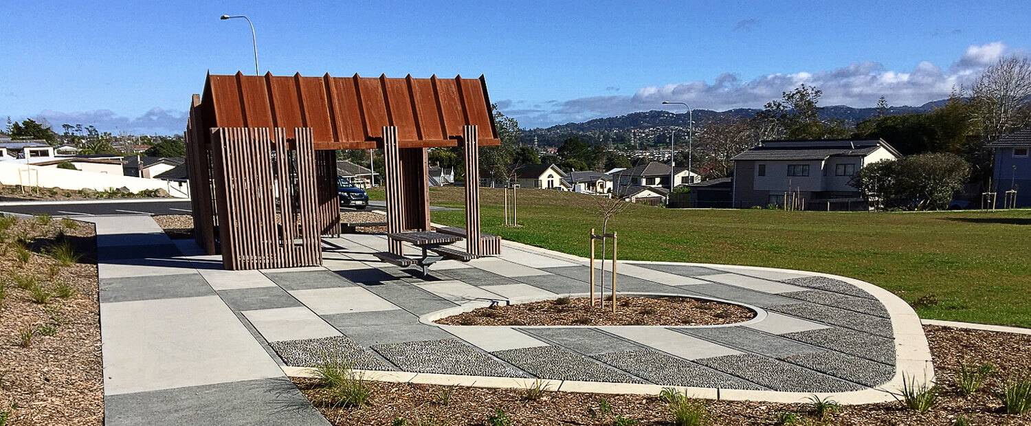 Coloured concrete paths in a park in New Zealand.